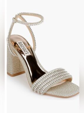 Badgley Mischka Gold Crystal-Embellished Block Heel Sandal